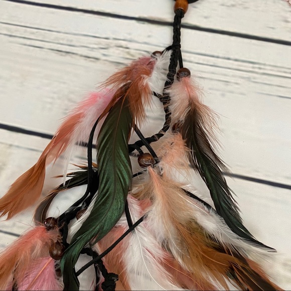 Boho Pink and White Long Feather Elastic Hair Tie - Picture 12 of 14